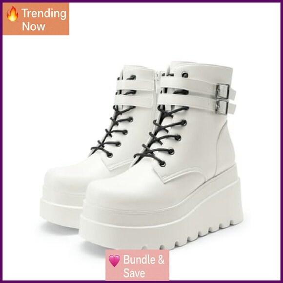 Platform Combat Ankle Boots Chunky Heel Lace Up Motorcycle Booties - Picture 4 of 8